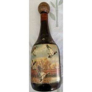 Genuine Leather Wrapped Wine Decanter Bottle Fausto Corduri Italy Duck Scene